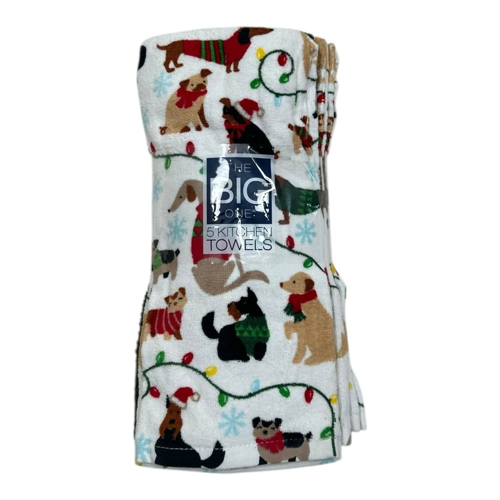 The Big One Festive Christmas Xmas Dog Print Kitchen Towels NWT 5 pack